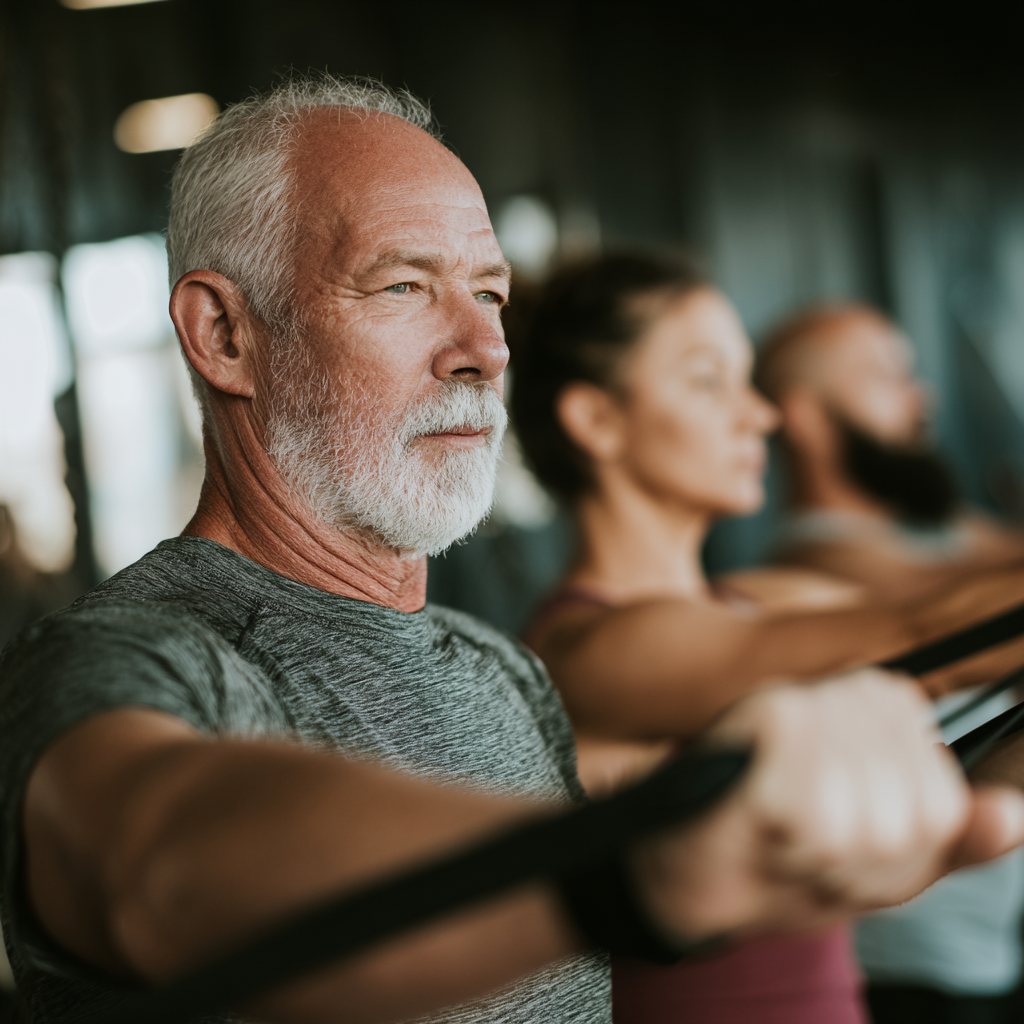 Mature adults participating in functional training session with professional fitness instructor