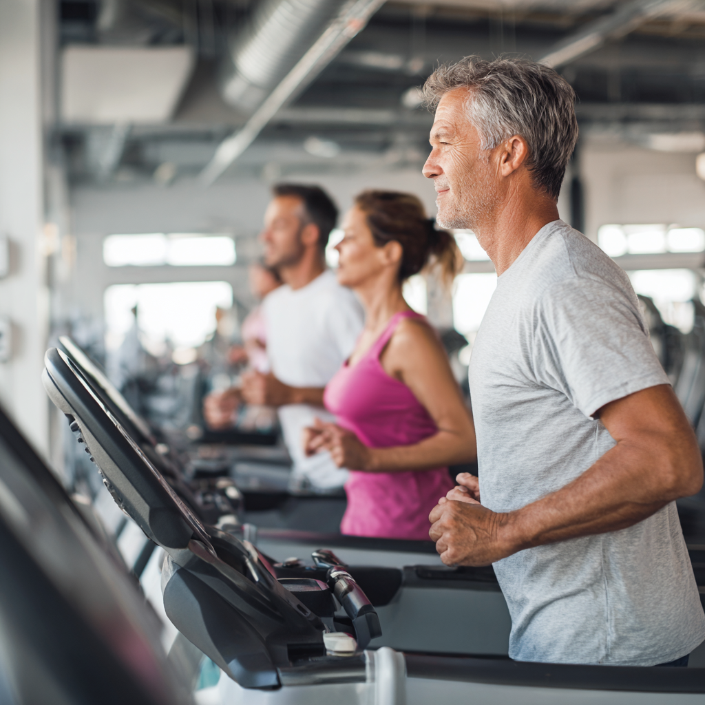 Middle-aged adults using modern cardio equipment in bright fitness center