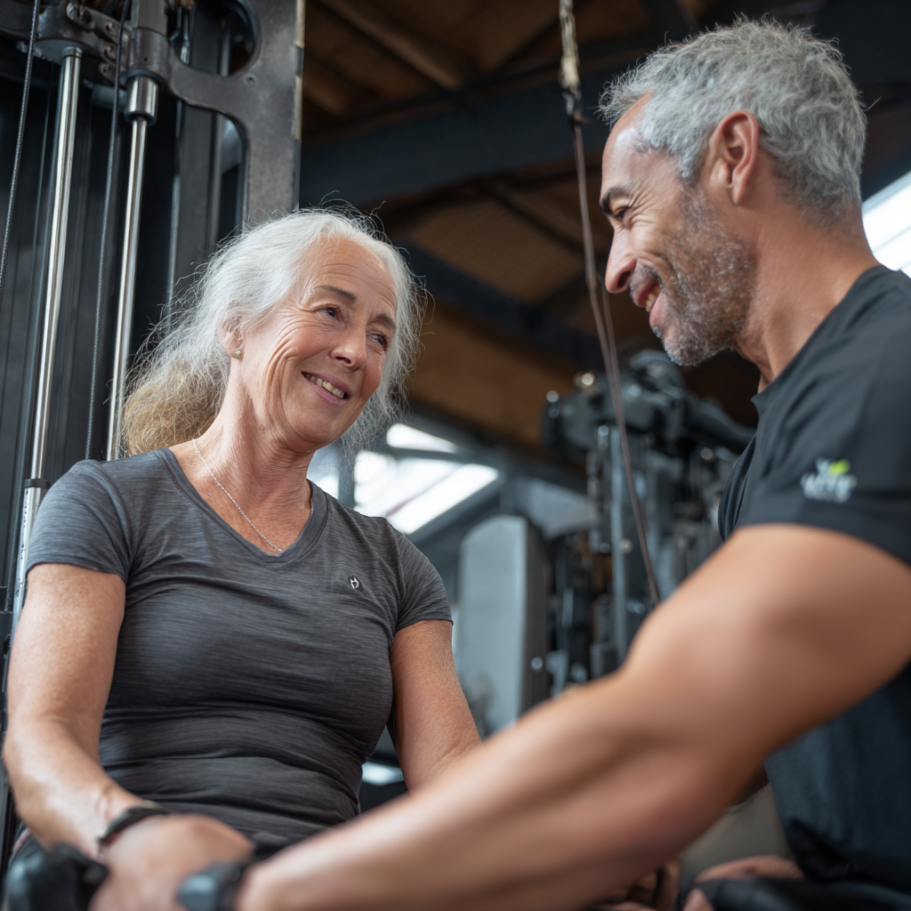 Personal fitness trainer working one-on-one with mature client in dedicated training area
