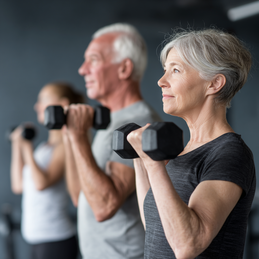 Professional trainer guiding senior adults through strength training with proper form